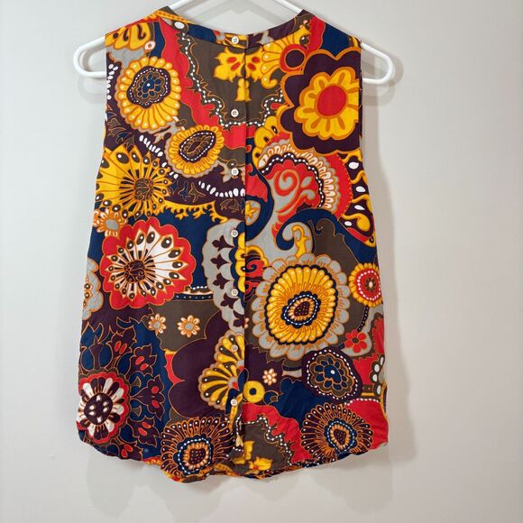 J Crew Paisley Silk Blouse 4 Brown Orange Ruffle Sleeveless Back Button Office - Picture 5 of 9